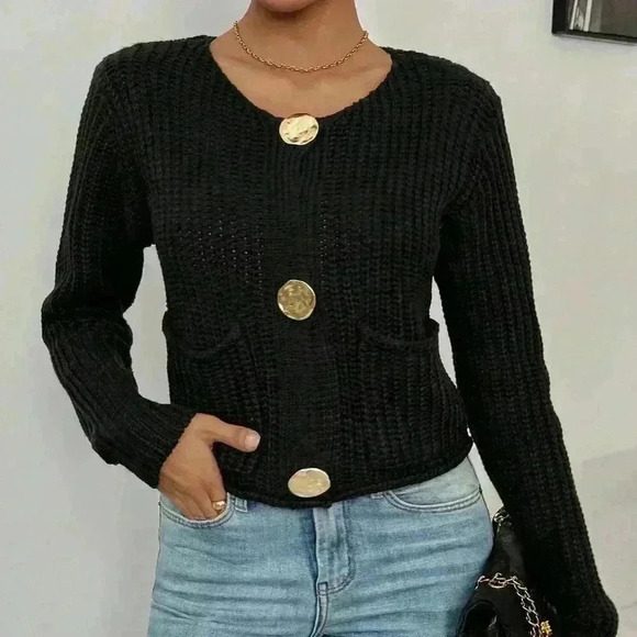 Sweaters - Black Casual Women's Crew Neck Front Button Up Long Sleeve Cardigan